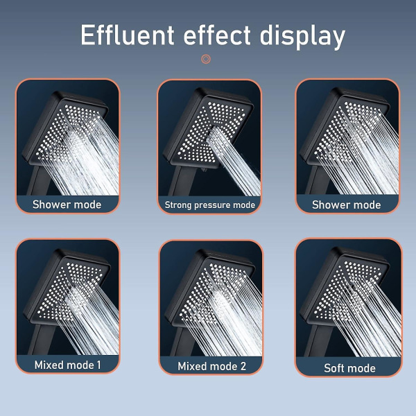 (svart) Masseringsdusjhode med 6 spraymoduser, kvadratisk dusj, stor høytrykksvannbesparende dusjkrom vannbesparende dusjhode