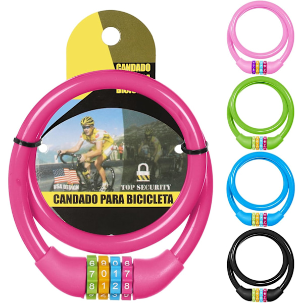 Cykellås, 4-cifret kode cykellås, 65 cm bærbar tyverisikret cykelkode lås, nulstillelige kombinationer 4 cifre koder lås (Pink) Pink