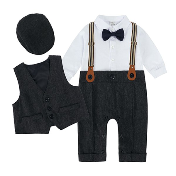 2020 Autumn Toddler Boys Formal 4 Pieces Set Gentleman Suit Baby Boys Clothes Hat Vest White Shirt Suspenders