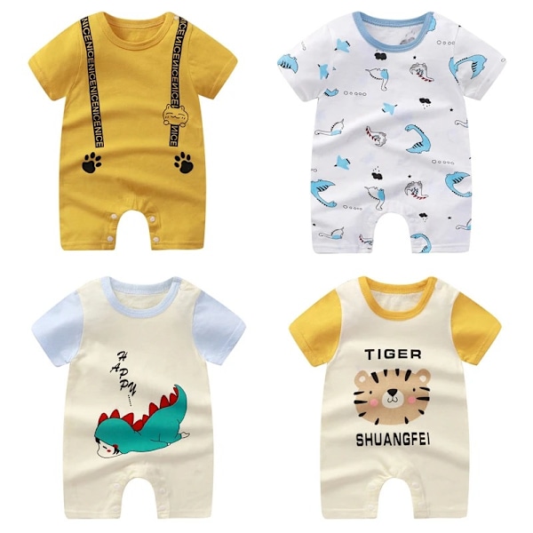 Nyfödda Baby Rompers Kortärmad Cartoon Bomulls Jumpsuit för Pojke Flicka 12 6 meses