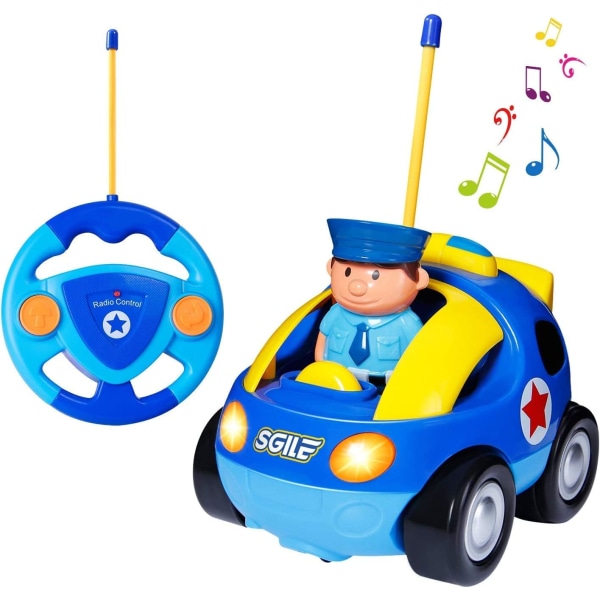 Fjernbetjent bil til småbørn med lyd og lys, RC politibillegetøj Fødselsdagsgave til 18 måneder+ årige drenge piger, blå