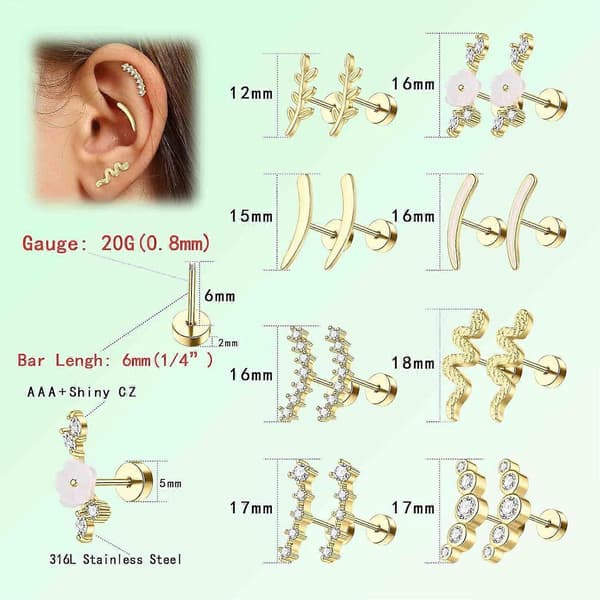 16 stk. 20G bruskøreringe med flad bagside piercing smykker til kvinder guld sølv allergivenlige rustfrit stål blomsterstud helix øreringe daith conch pi