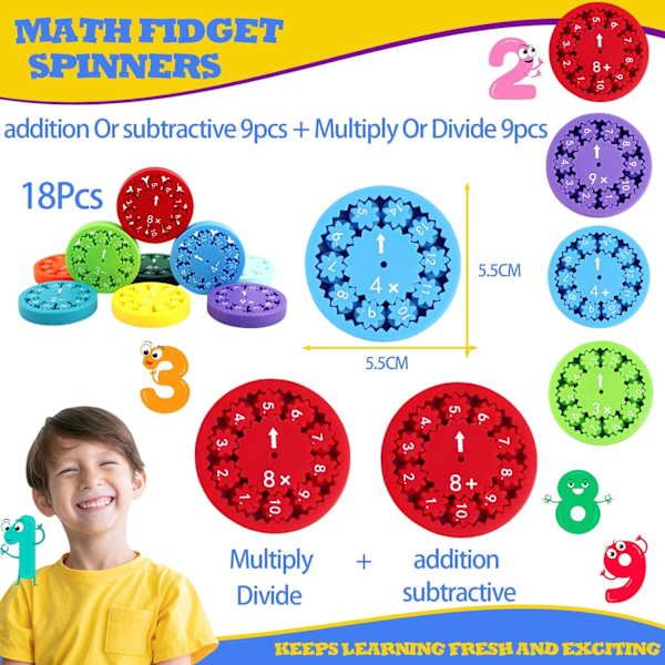 18 st matematiska fidget spinners matematiska fidget leksaker för barn, matematiska fakta fidget spinners, addition subtraktion multiplikation division fidget
