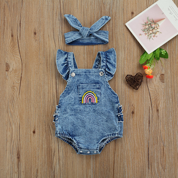 ma&baby 0-18M Babyjente Romper Regnbue Denim Sommer Playsuit Klær og Armbånd Polyester Yttermateriale Laget i Kina Azul 3-6Months