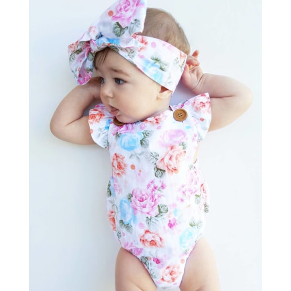 Tregren Nyfødt Baby Romper 0-24M Piger Sød Blomster Outfit i Blød Bomuld med 2 Dele Sæt Inkluderer Top og Pandebånd 24 month