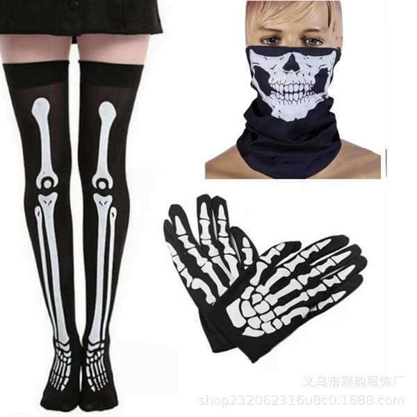 Halloween Bensaet Skeletstrømper Handsker One Size Benstrømper + Lange Handsker