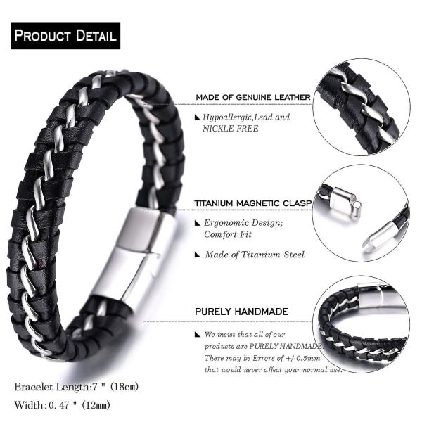Armband för pojkar i äkta läder svart. titan silverkedja magnetisk lås 7\"/18 cm