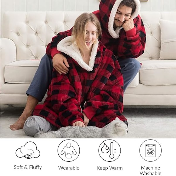 Pledd med vertikal lomme, lat pledd, flanell-kåpe-stil, varm, overdimensjonert hettegenser, én størrelse Red and black checkered