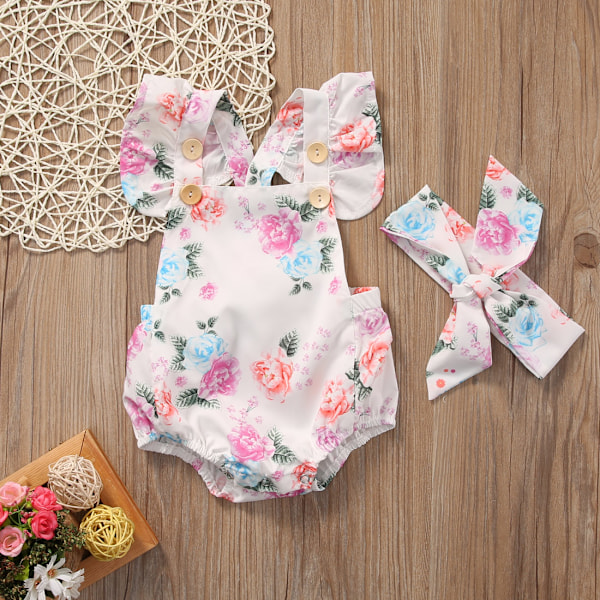 Tregren Nyfødt Baby Romper 0-24M Piger Sød Blomster Outfit i Blød Bomuld med 2 Dele Sæt Inkluderer Top og Pandebånd 18 month