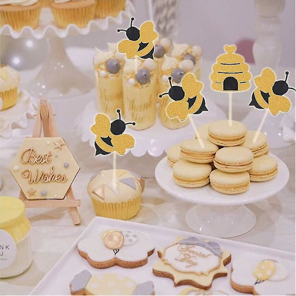 Glitter Bumble Bee Cupcake Toppers - Bee Cupcake Toppers For Gender Reveal, Baby Shower, Birthday Party Decor