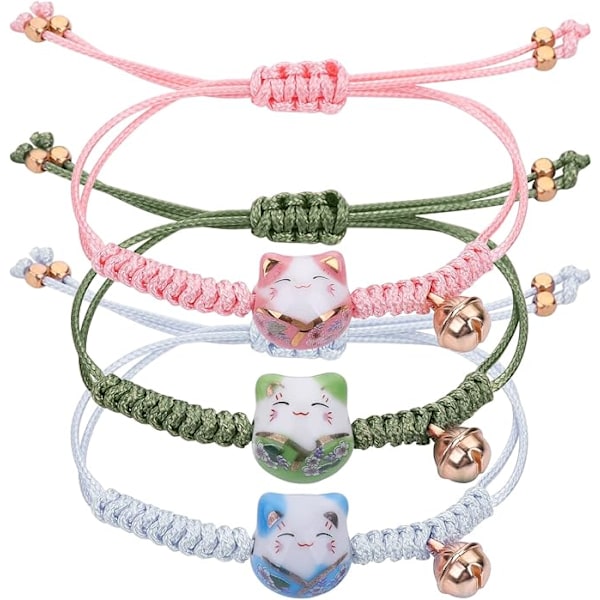 3 Stykker Lykkekatt Armbånd Maneki Neko Armbånd Søt Lykkekatt Perlekeramikk Fortune Flettet Keramiske Perler Lykke Sjarm Armbånd