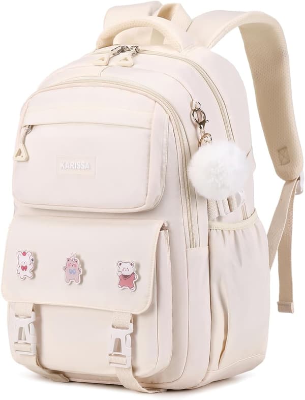 Girls' Backpack, Kids' Backpack with Anti-Theft Back Pocket, Lightweight School Backpack, Elementary School Bag Beige Beige Beige S