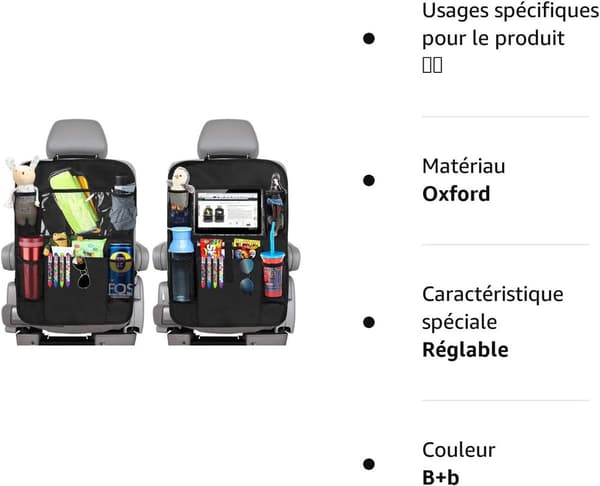 Bilorganisator, 2 stk. barnesetebeskyttere for bilsete, sparkematter