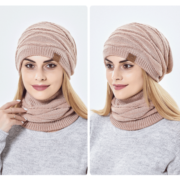 Rosa vinter varm mössa och loop halsduk set med fleecefoder