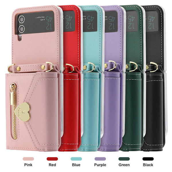 Ensfarvet Samsung ZFlip3 mobiltelefon cover metal kærlighed lynlås pung kort slot crossbody beskyttende læder Sky blue
