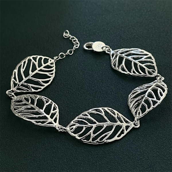 S925 Sterling Sølv Armbånd med Blader for Kvinner, Bryllupsgave, Smykker QH059