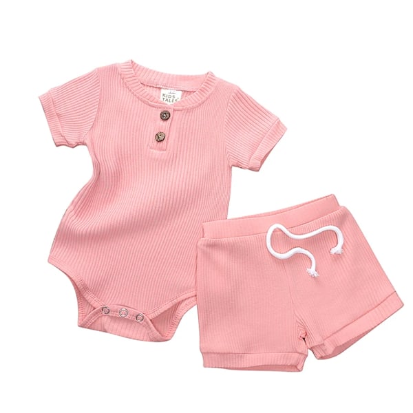 2023 Baby Essentials 2-delat Set, Ribbad Crewneck Kortärmad Romper, Byxor med Snodd 2 6-12m