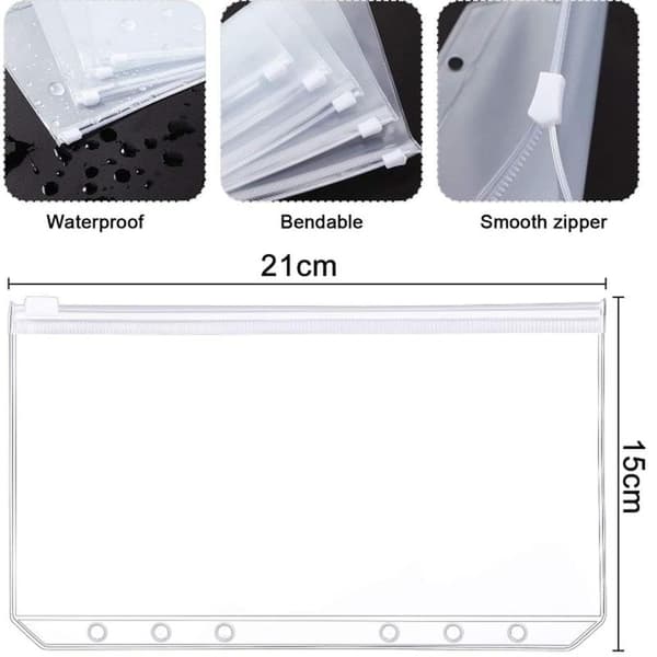 A5 6-Hole Binder Pockets, Clear Plastic Zipper Binders, Waterproof Zipper Loose Leaf Binders (20 Pieces)