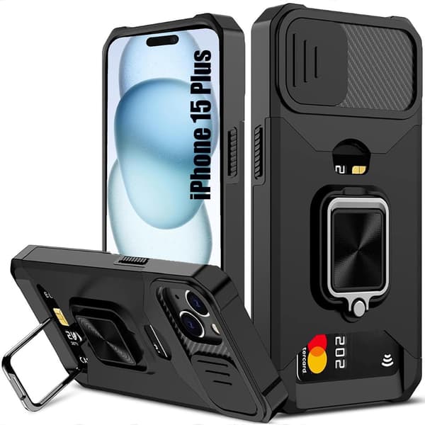 for iPhone 17 Pro Max Case with [Card Holder][Sliding Camera Cover][360° Rotating Ring Stand] Heavy Duty Protective Phone Case iPhone 15 Plus -6.7in