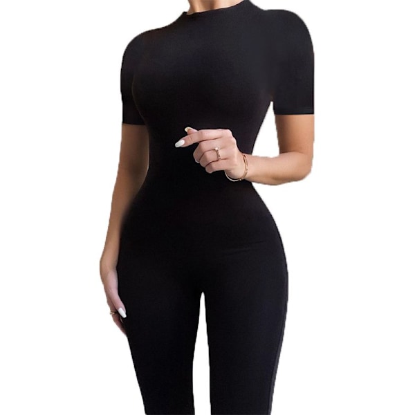 Jumpsuit for kvinner med rund hals, sportsklær, ensfarget, lang ermet, avslappet, sexy, tettsittende, treningsklær for kvinner Black L