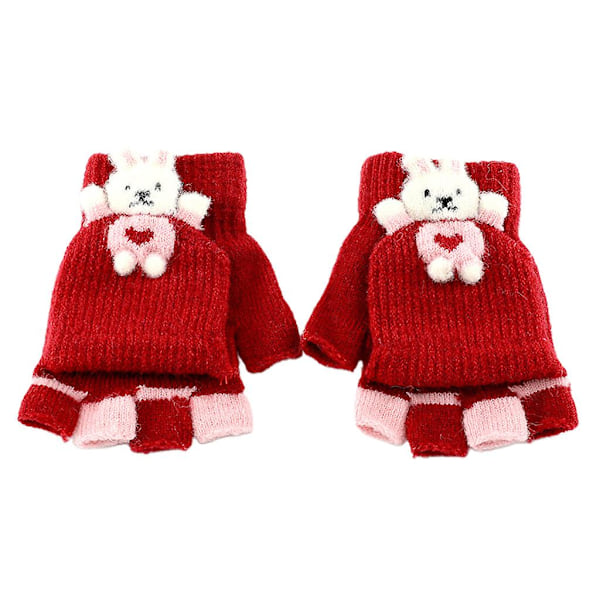 Knitted Glove Winter Plush Half Finger Mittens With Flip Top Children Gloves Wine Red