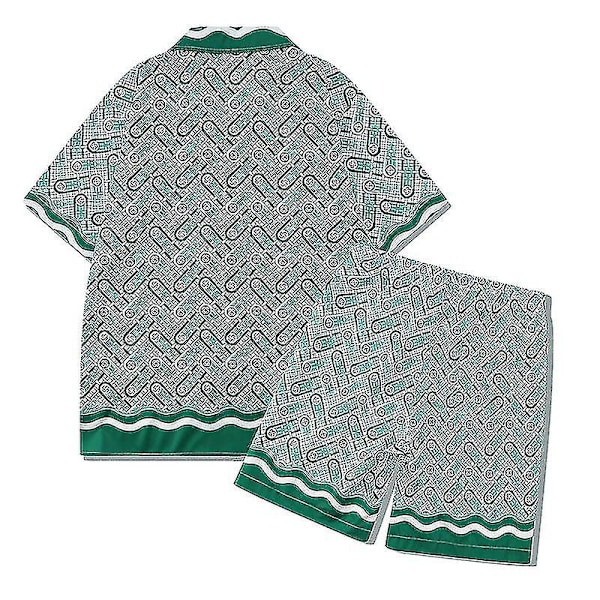 Casablanca Hawaiisk Strand Blomster Skjorte Sæt Kokos Print Kortærmet Shorts til Mænd og Kvinder Top T-Shirts Tees Army Green XL
