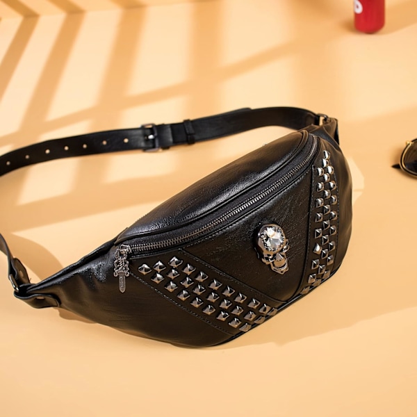 Maveposer til Kvinder, Sort Læder Fanny Pack til Kvinder med Skalle Design, Mavepose Mænd Kvinder Mode Taljepose