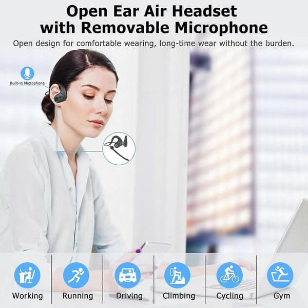 Bluetooth Headset til Telefonopkald, Trådløst Headset med DSP Støjreducerende Mikrofon til PC Laptop Kontormøde Løb Cykling, 12 Timer