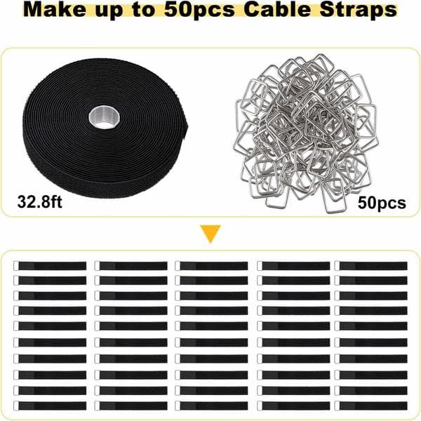 1 \"x32ft Velcro-rem med 50 metalspænder, sort