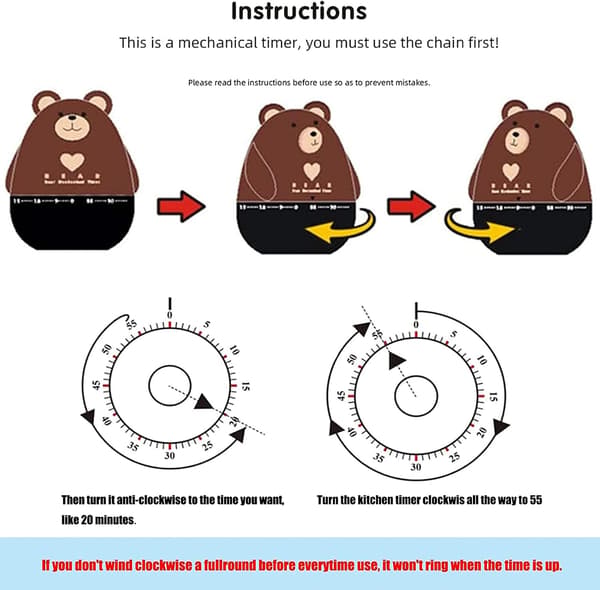 1 stk kjøkkenmekanisk timer, manuell mekanisk timer for matlaging, baking, trening, studier
