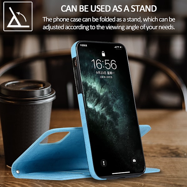 Passer til IPhone16 PROMAX retro frostet to-i-en kort slot mobiltelefon split læder cover Sky Blue