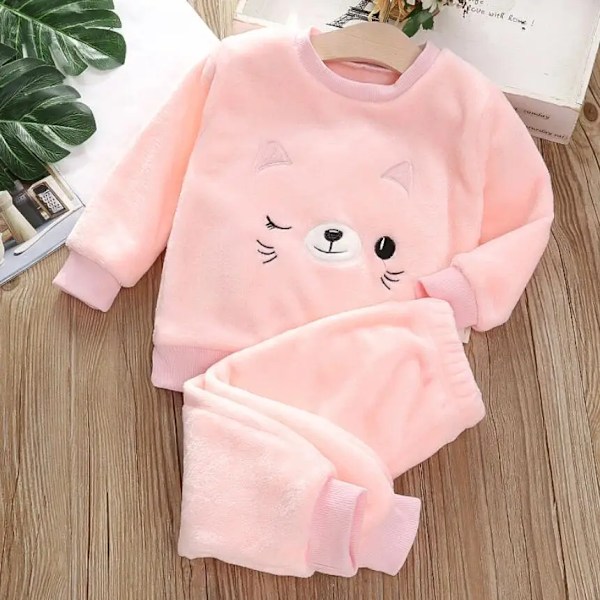 Baby Piger og Drenge Koralsoft Fleece Pyjamas Sæt Tyk Flanel Varme Pyjamas 2 stk Vinter Nattøj Gatito rosa 12M(M)90