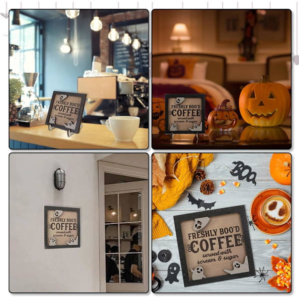 Halloween hantverk kaffebar skylt trä söt spöke halloween dekorationer inomhus med stativ 5,9 tum bordsdekor skylt