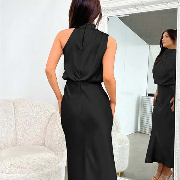 Elegante Sommerbryllupskjole til Kvinder - Ærmeløs Halter Satin Lang Aftenkjole rosa L