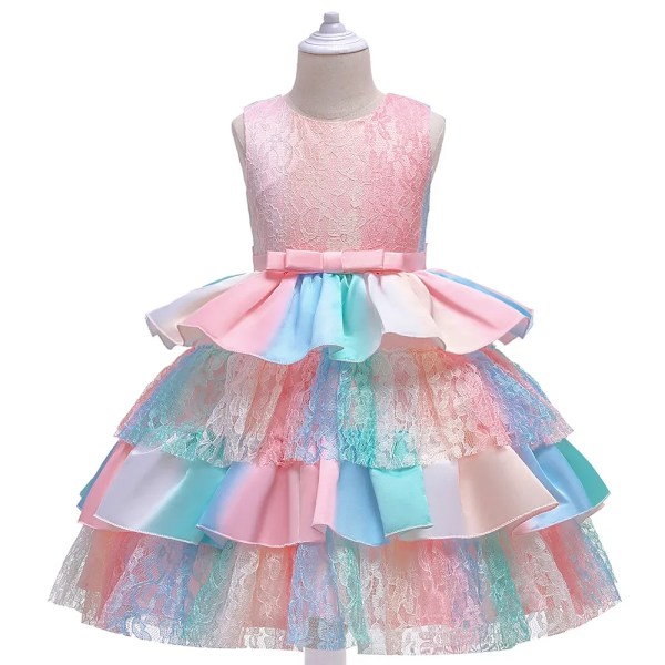 Babyflicka prinsessa spets tutu klänning mesh randig festklänning jul födelsedag halloween kostym babykläder 3-12 år L5260-Rainbow 150cm 9-10yrs