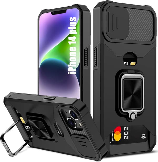 for iPhone 17 Pro Max Case with [Card Holder][Sliding Camera Cover][360° Rotating Ring Stand] Heavy Duty Protective Phone Case iPhone 14 Plus - 6.7in