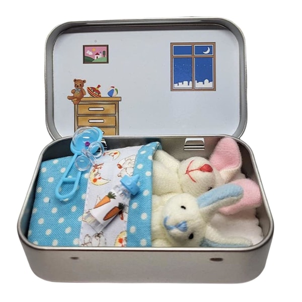 Lomme lille kanin i en blikæske Fyldt dukke Plyslegetøj påskehare børnegave Blue