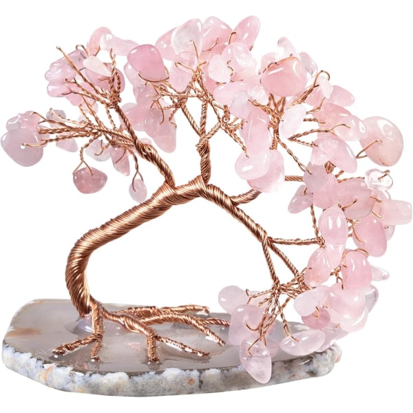 Rose Quartz Crystal Money Tree FengShui Bonsai Tree Figurer med Agat Skiver Base, Crystal Tree Home Office Ornament 3-4 tommer høj