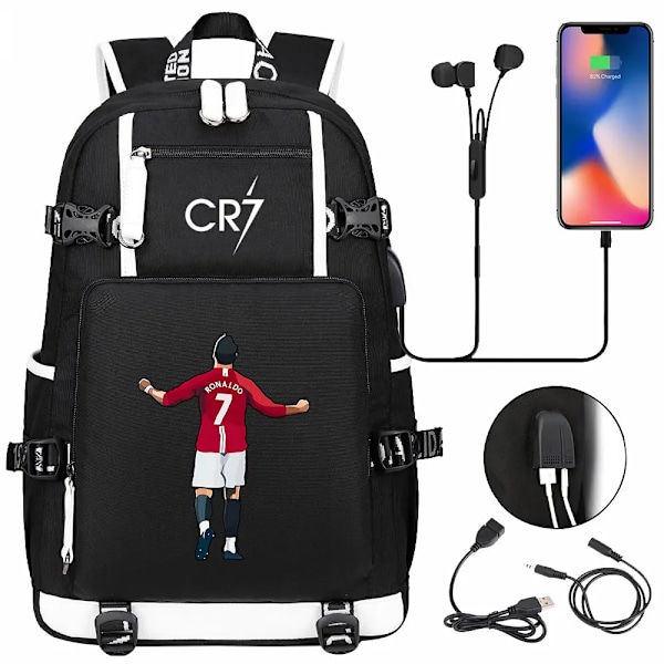 CR7 Jalkapalloreppu USB-latauksella Ronaldo Koululaukku Matkalaukku Tietokoneille Teineille Opiskelijoille