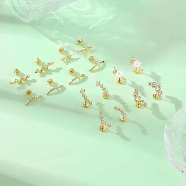 16 stk. 20G bruskøreringe med flad bagside piercing smykker til kvinder guld sølv allergivenlige rustfrit stål blomsterstud helix øreringe daith conch pi