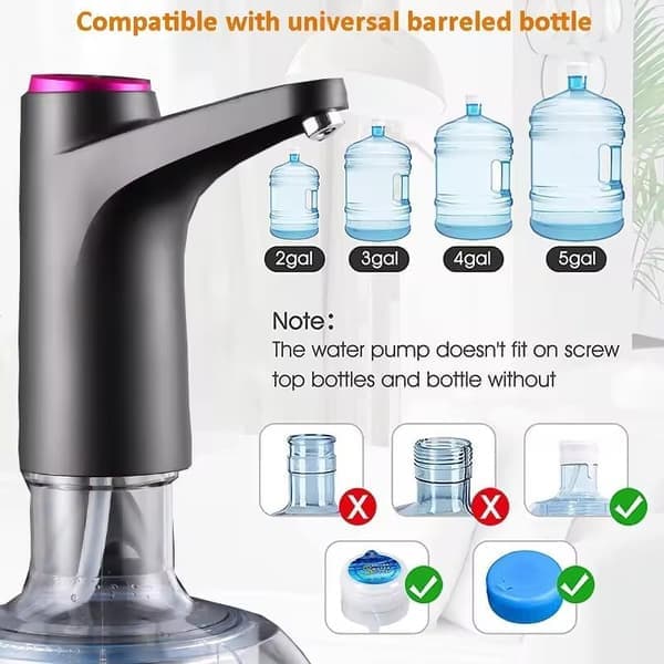 Electric Water Pump with Base, USB Rechargeable Water Dispenser, Portable Automatic Water Pump for Home, Kitchen, Office (Black)
