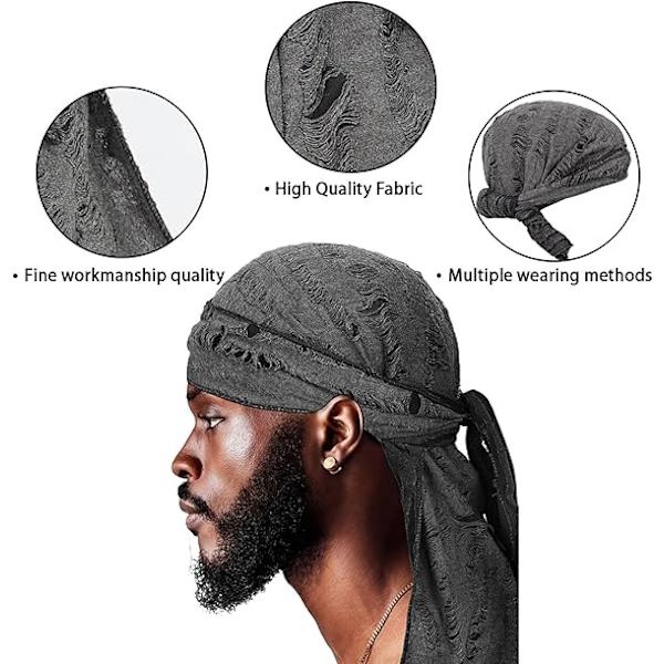2 kpl Durag-hattu miehille, silkkinen satiini Durag pitkä häntä merirosvo aalto lippalakki Durag rikottu sulka turbaani päähine