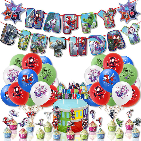 Spider-man Kids bursdagsfestdekorasjoner, Rekvisitt til lokaloppsett, tegneserie Spiderman-festrekvisita, Inkluderer ballonger, banner, kaker, bånd