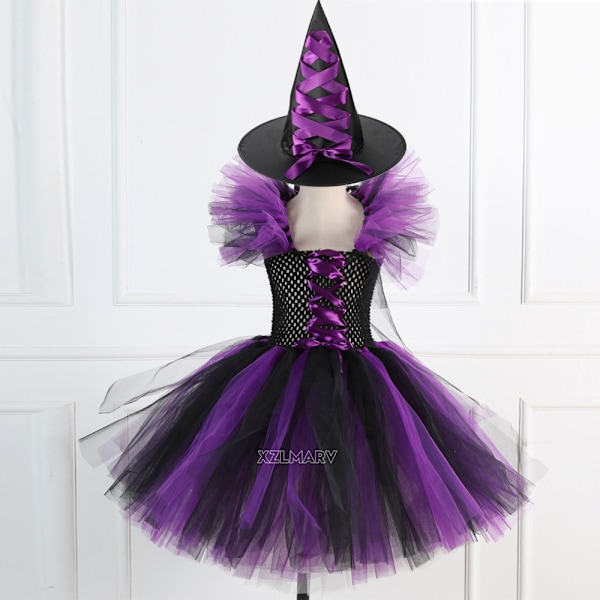 Jenter Heks Tutu Kjole Håndlaget Mesh Trollmann Kostyme Med Hatt Kost Til Barn Halloween Ny camello XL(8-9Y)