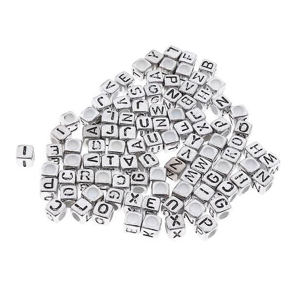 2x100x assortert metallisk akryl alfabeter Letter Cube Beads Ponniperler Sølv