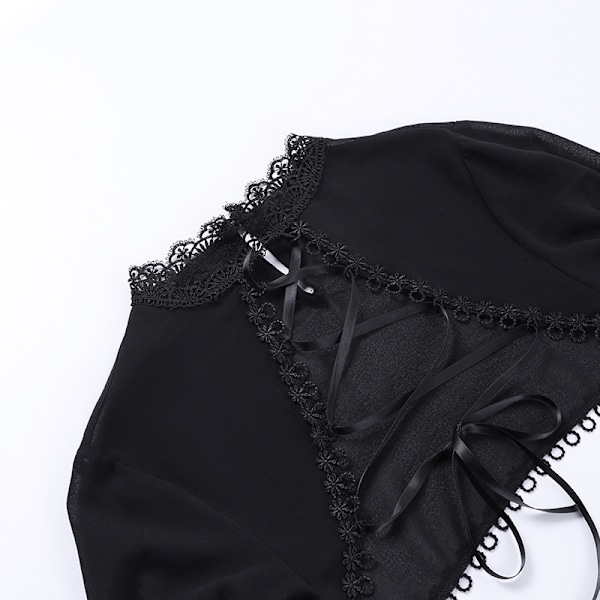 Goth Mørk Elegant Lace Up Skjorte Gothic Crop Shrug Tops Grunge Chiffon Flare Ærme Bluser Kvinde Sort Emo Alternativ Cover Up M