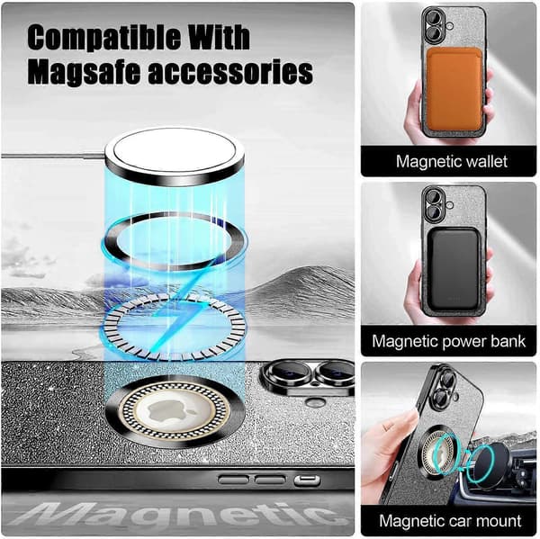 Misscase for iPhone 16 Magnetic Glitter Case Compatible with MagSafe, Full Protection Slim Shockproof Anti-Scratch Case with Camera Lens Protector black