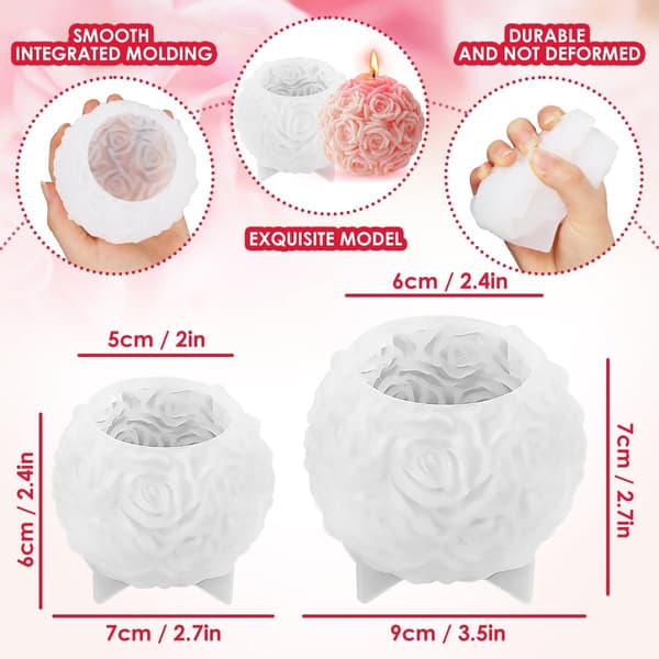 Sæt med 2 silikonelysforme 3D-lysform i form af en rosenkugle til duftlys, Valenti