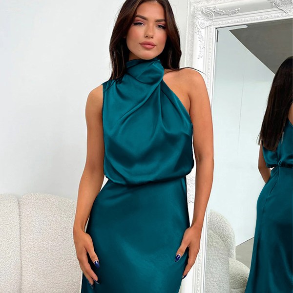 Elegante sommerbryllupskjole for damer, uten ermer, halter-hals, i sateng verde claro XL