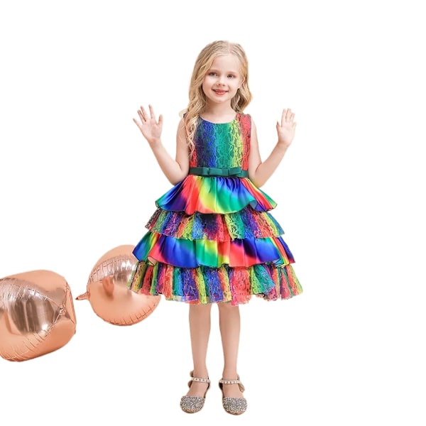 Babyflicka prinsessa spets tutu klänning mesh randig festklänning jul födelsedag halloween kostym babykläder 3-12 år L5260-Rainbow 140cm 7-8yrs